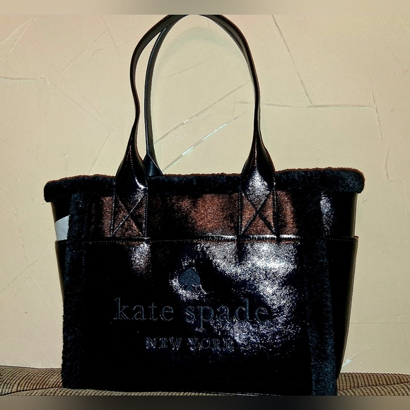 Kate Spade Shiny Black Tote with Fur Trim - Picture 1 of 16